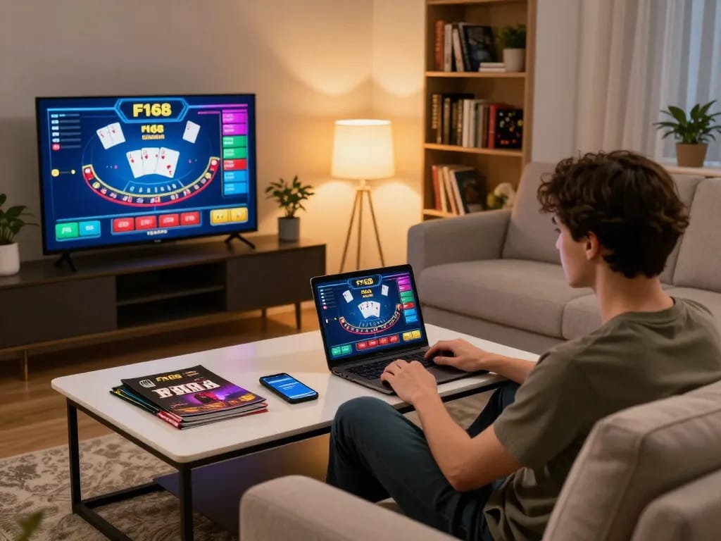 Player enjoying F168 online gaming experience on a laptop at home, showcasing a strategic blackjack game with vibrant visuals.