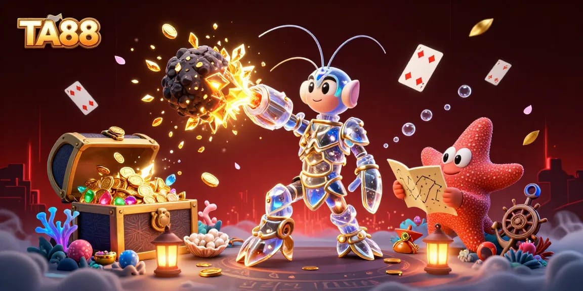 Engaging illustration of TA88, a galactic samurai mantis shrimp, as it breaks an asteroid, revealing gems and coins, showcasing a dynamic casino scene.