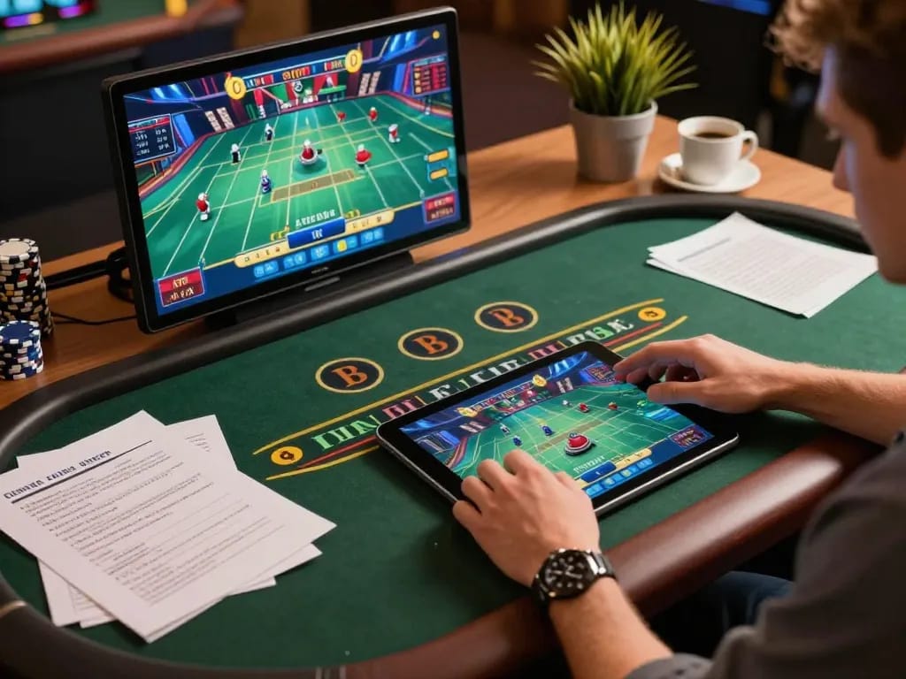 Engaged player at trang chu lc88 utilizing tablet for online Baccarat game, showcasing strategic gameplay