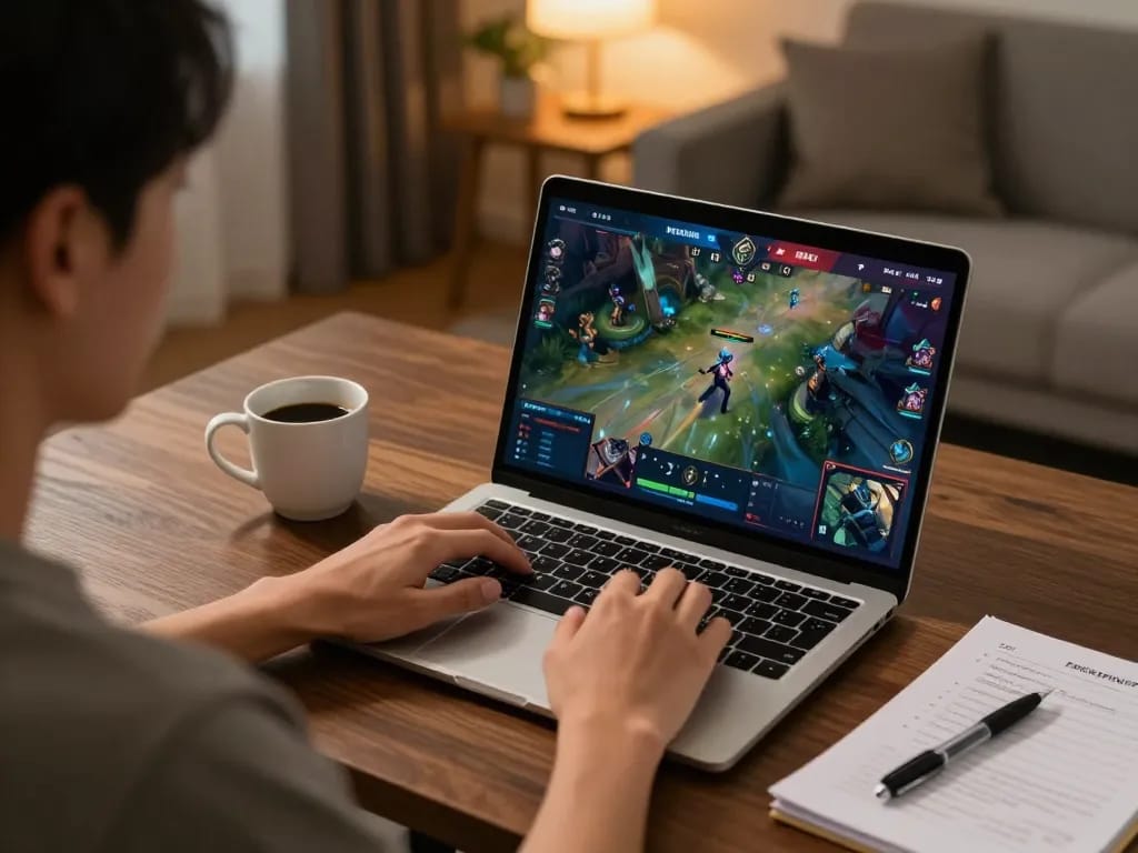 Engaging in esport betting Singapore with a laptop, showcasing a live match and strategy notes in a cozy home setup.