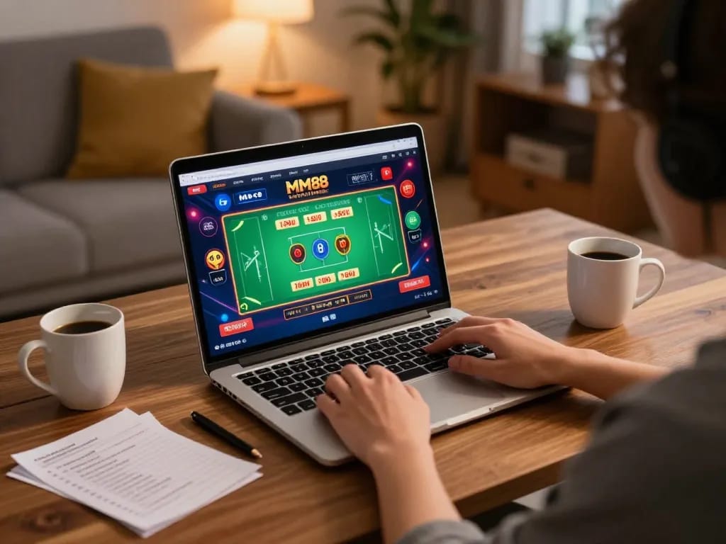 Player engaging with MM88 online casino, showcasing a live dealer game in a cozy home setting.