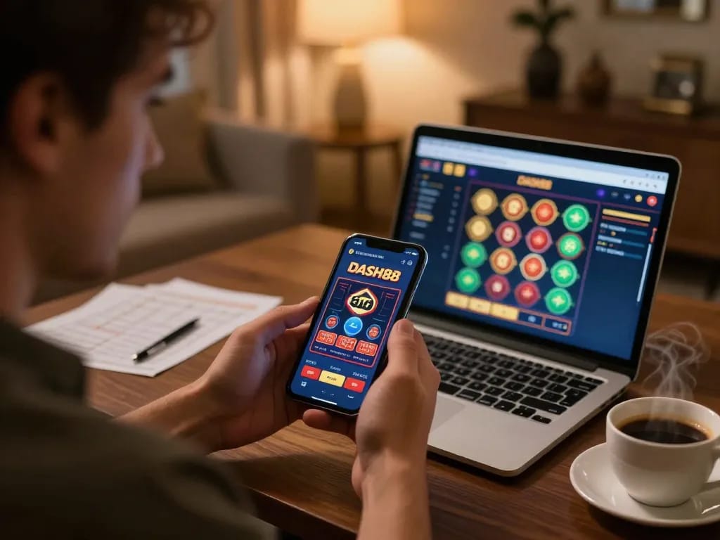 Engaged player using Dash88 casino app on smartphone for strategic online gaming.