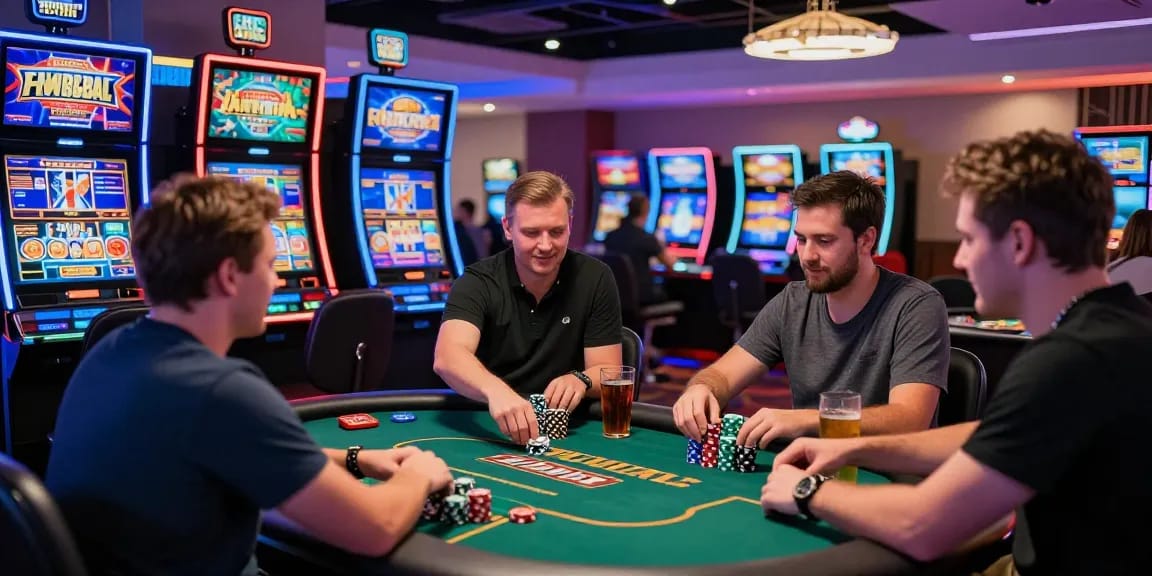 Exciting scene of players enjoying their time at a credit card casino, engaged in games and vibrant slot machines.