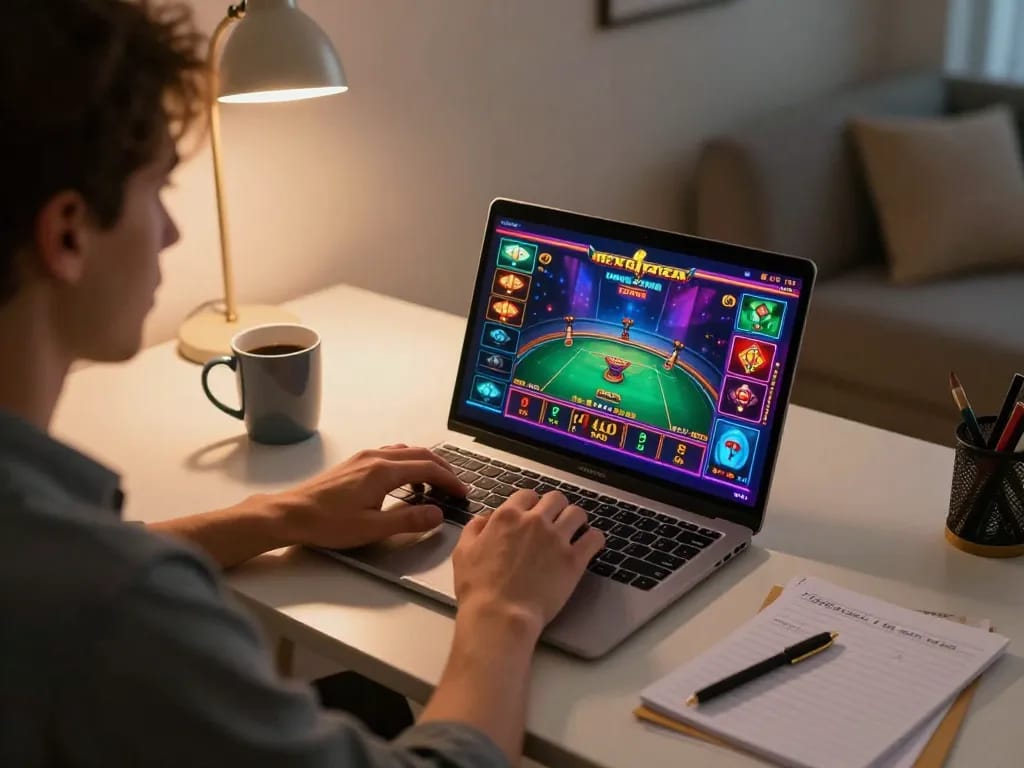 Engaged player enjoying an online casino game at home, highlighting f8beta2 strategies and excitement.