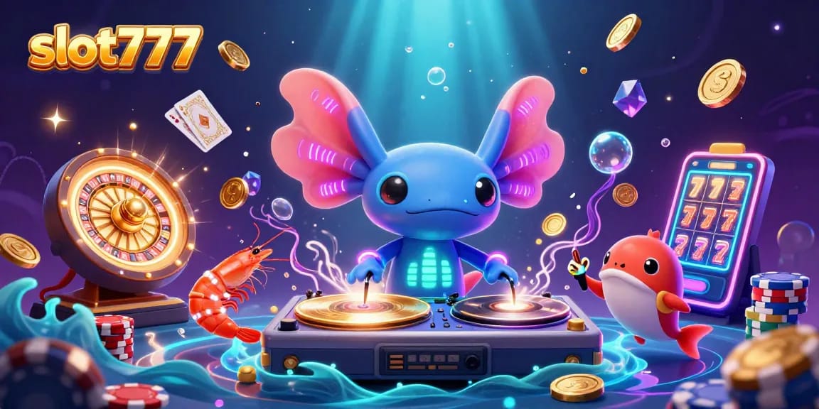 Experience slot777 excitement with a neon axolotl DJ amidst vibrant casino elements.
