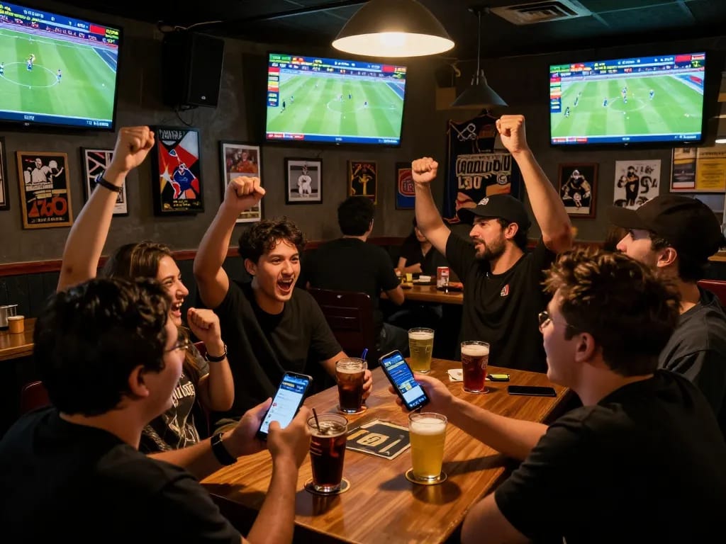 Fans engaging with bk8 app for sports betting during a game, vibrant sports bar atmosphere.