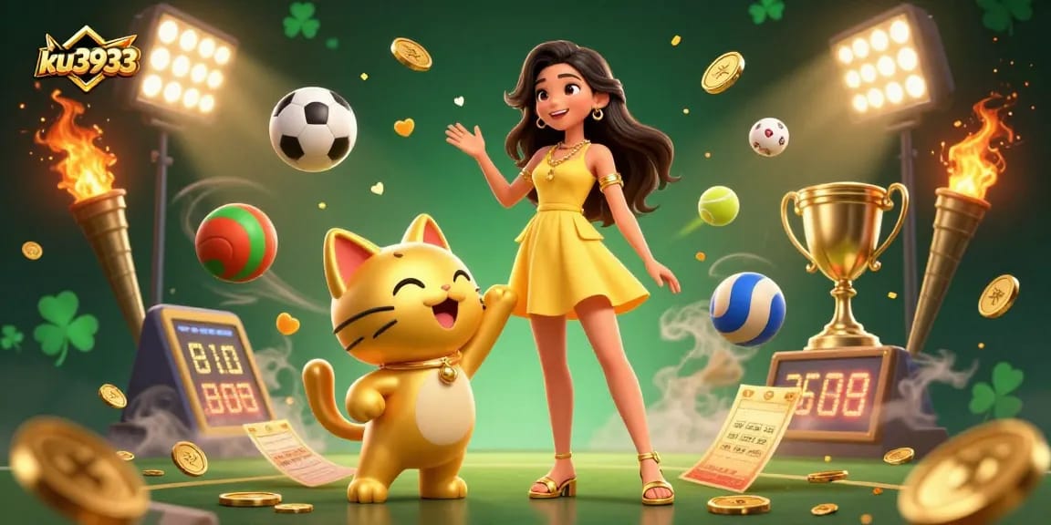 Bet on ku3933 while enjoying vibrant casino atmosphere with sports elements and golden lucky cat.