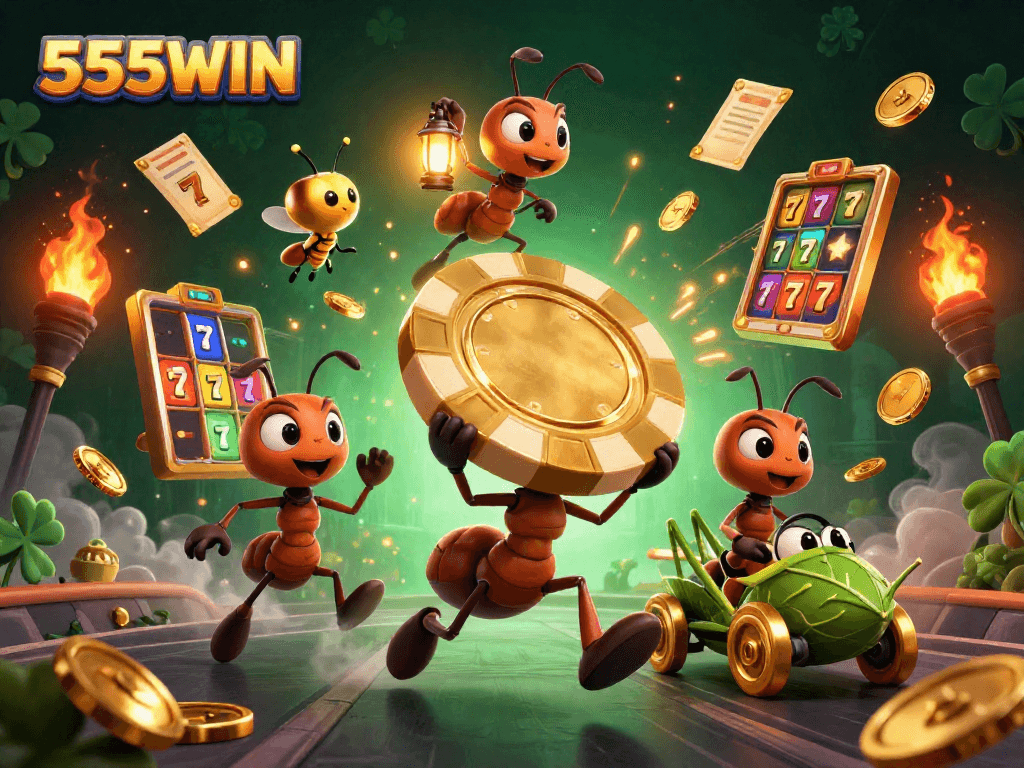 Join the excitement at 555WIN as ants pull off a heist with a golden chip amidst dynamic casino elements.