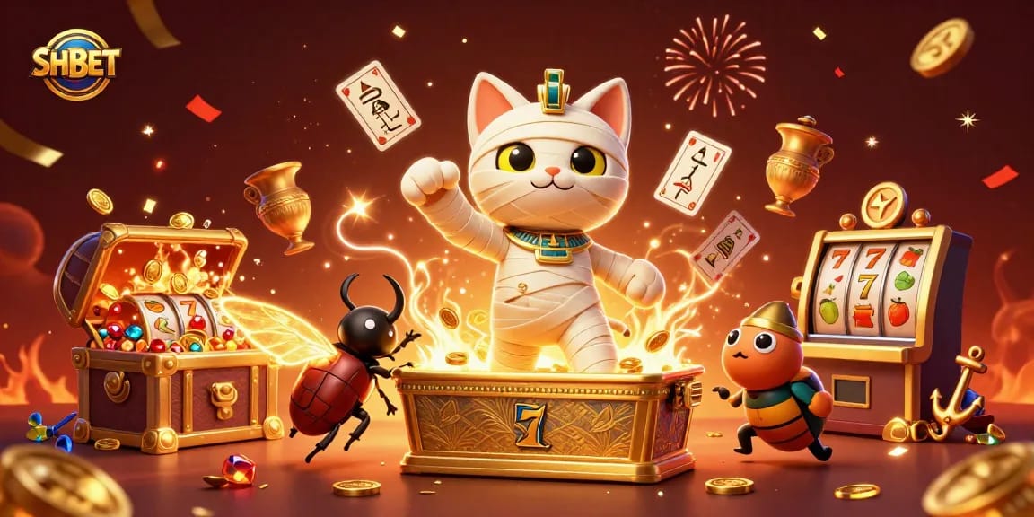 SHBET showcases fun in a vibrant casino scene with a mummy cat and golden treasures