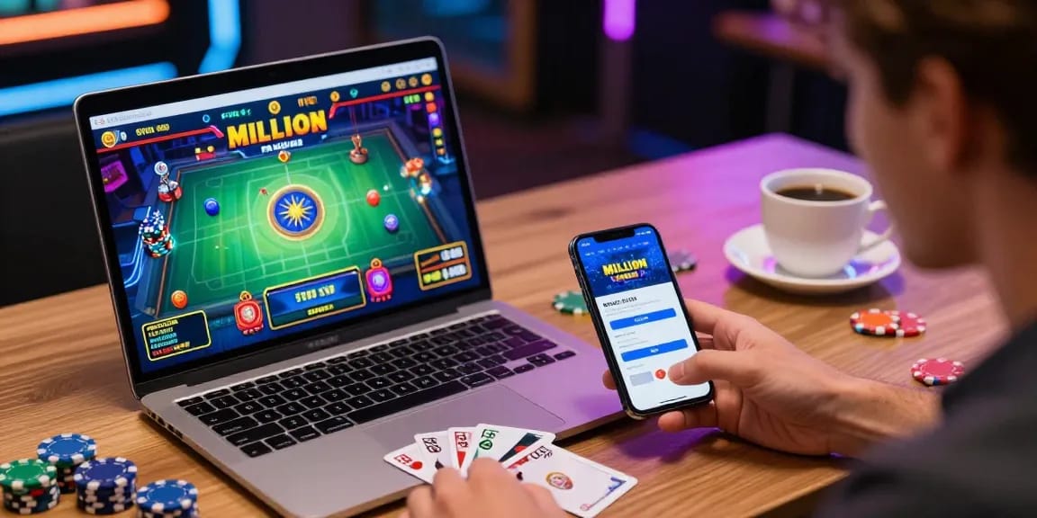 Player using million casino login on laptop with vibrant game interface and gaming accessories.