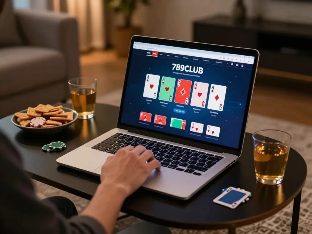 Player engaging with poker game interface at 789CLUB on a laptop in a cozy living room.