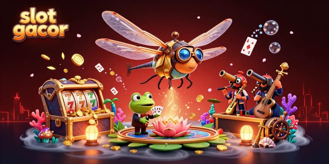 Engage with thrilling slot gacor games amid a vibrant dragonfly pilot and jazzy frog croupier scene.