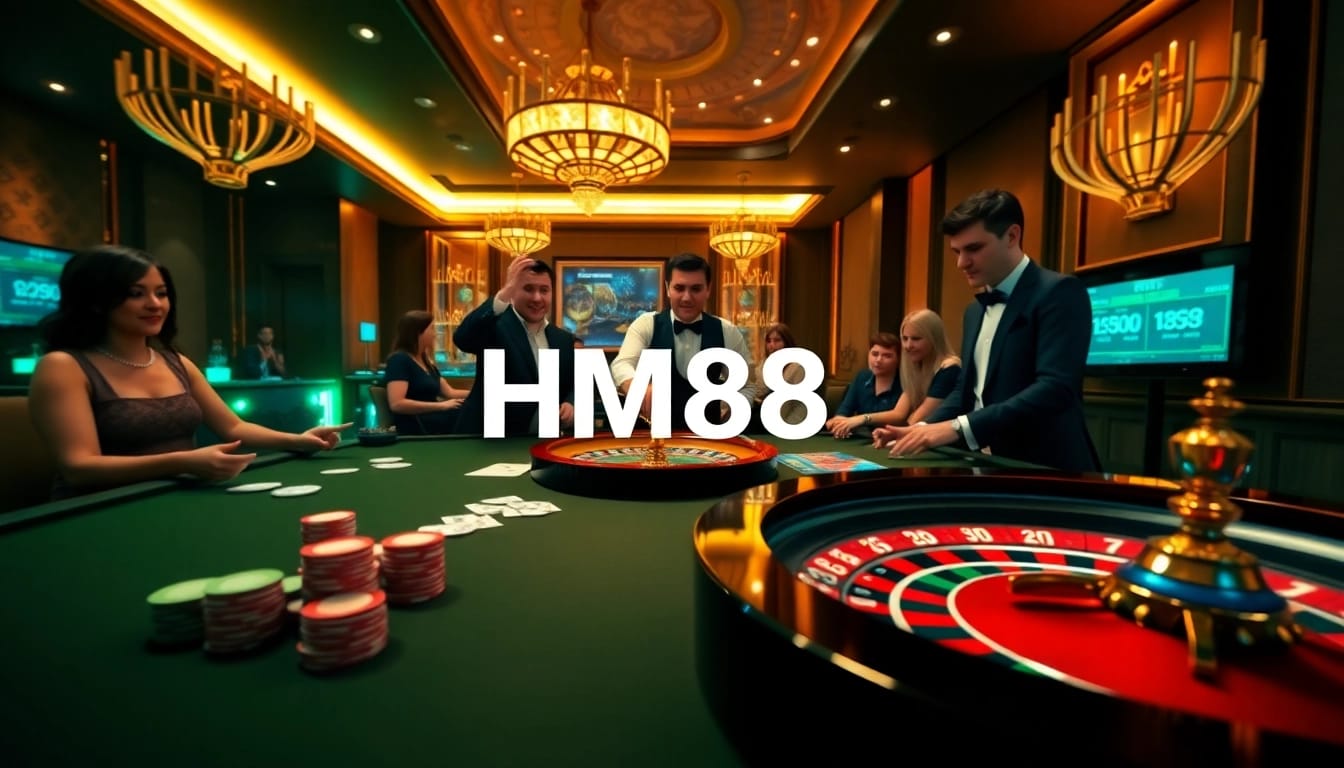 HM88 players enjoying an exciting casino experience with poker chips and a roulette wheel.