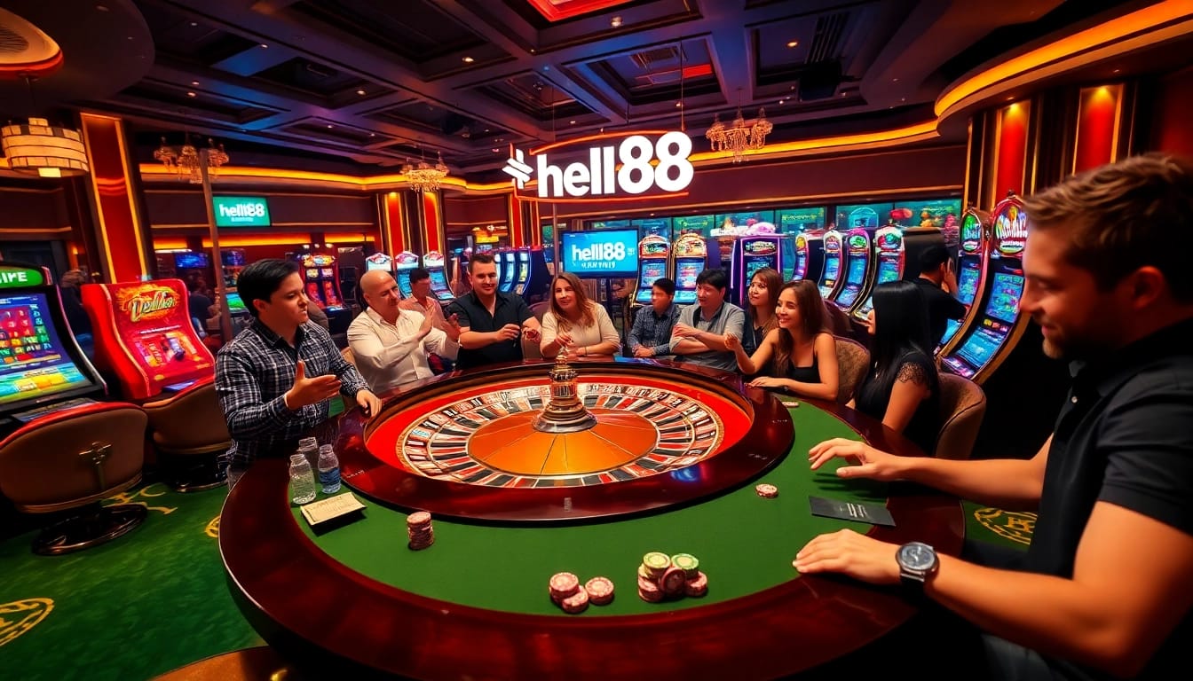 hello88 players enjoying a thrilling game at a luxurious roulette table in a vibrant casino.