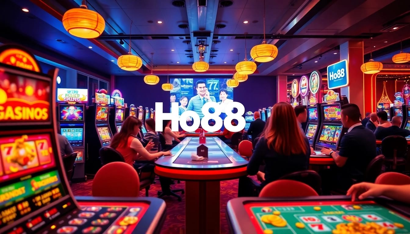 Exciting online gambling experience at Ho88, showcasing vibrant slot machines and live dealers.