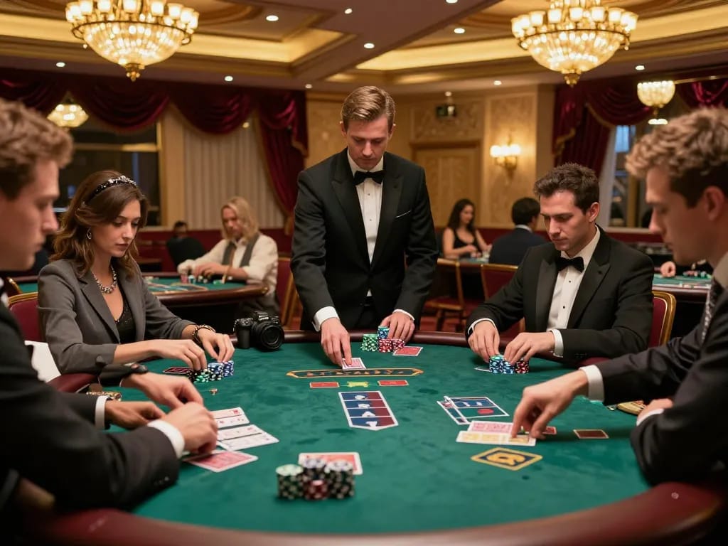 ONE88 players enjoying a thrilling blackjack game, showcasing intense strategy and competitive spirit in luxe casino.