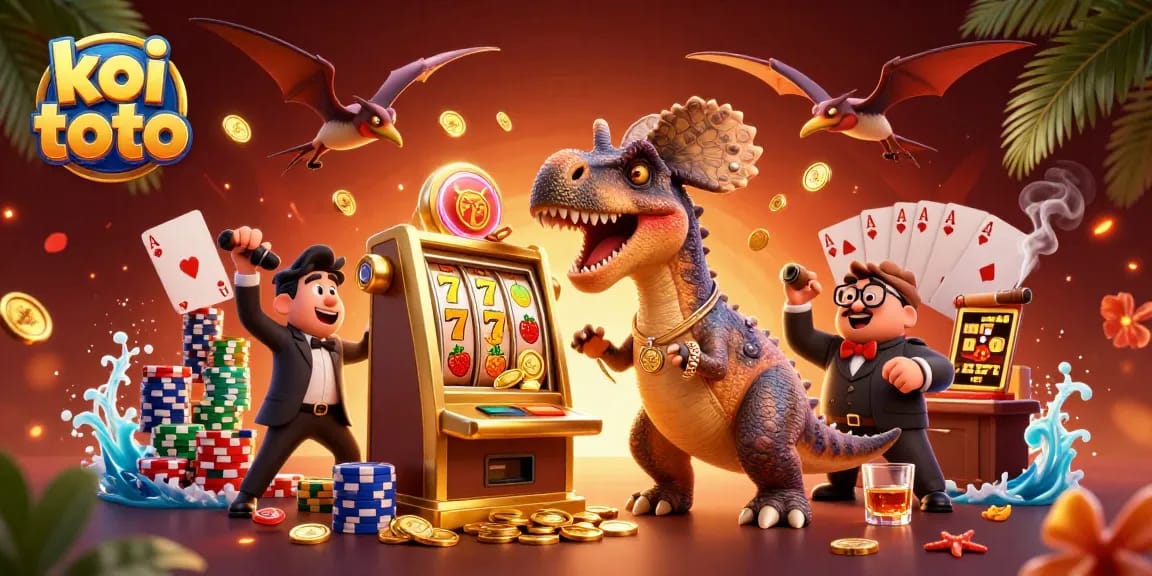 Engage with koi toto as a cartoon dinosaur hits a slot machine, catching golden coins flying in an exciting online casino scene.