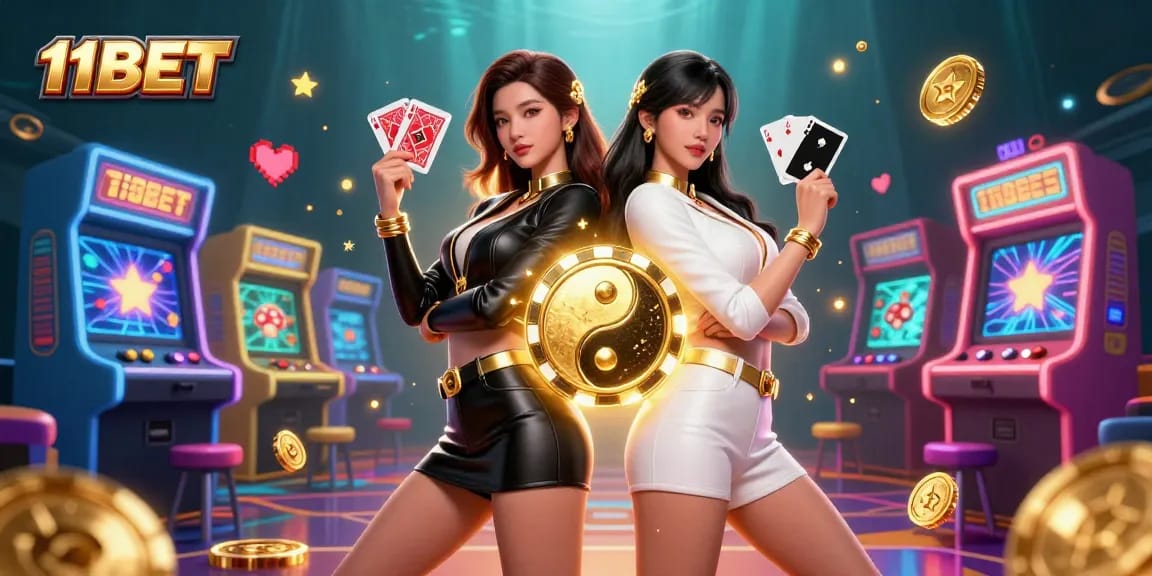 Engage in thrilling bets with the stunning 11BET as twin Asian women display their playing cards.