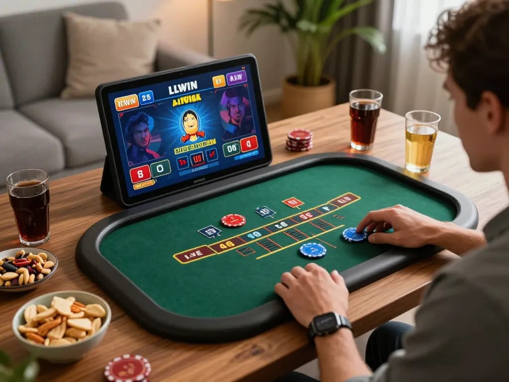 Player enjoying LLWIN's blackjack game on a tablet in a cozy home setting.