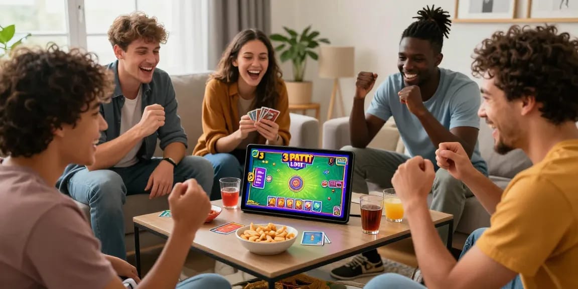 Friends enjoying 3 Patti Loot card game, celebrating wins in a cozy living room atmosphere.