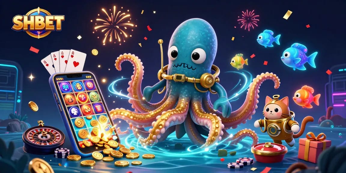 Experience the thrill of SHBET with a festive casino scene featuring vibrant characters and exciting game elements.