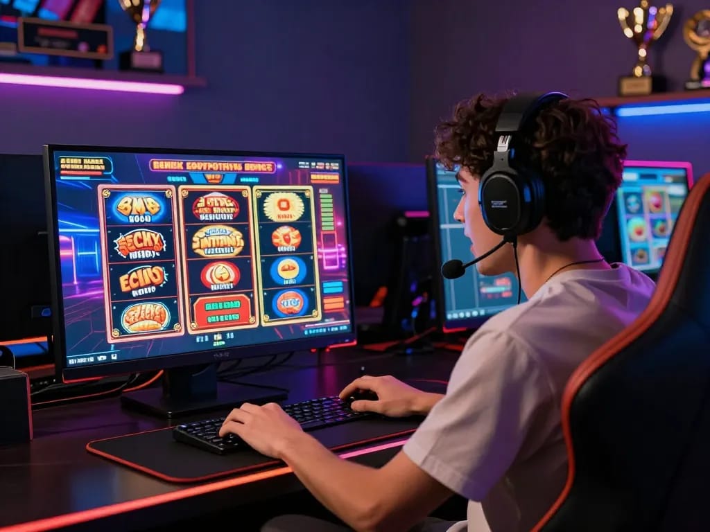 Person playing 88pulsa online casino games in a modern gaming setup with vibrant graphics and LED lights.