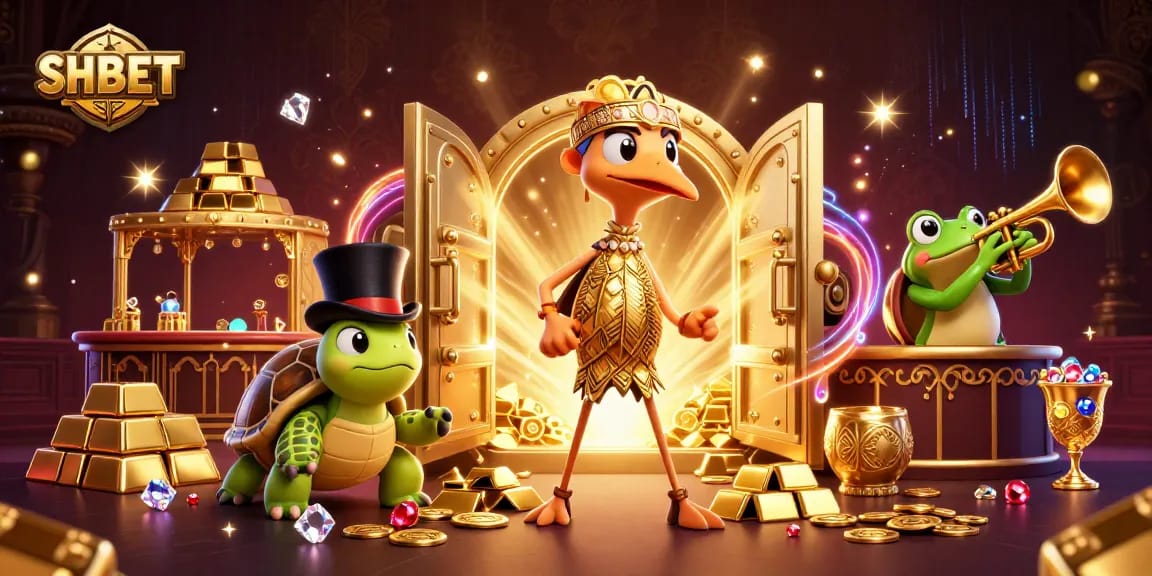 Experience thrilling gameplay at SHBET with vibrant casino characters and golden treasures.