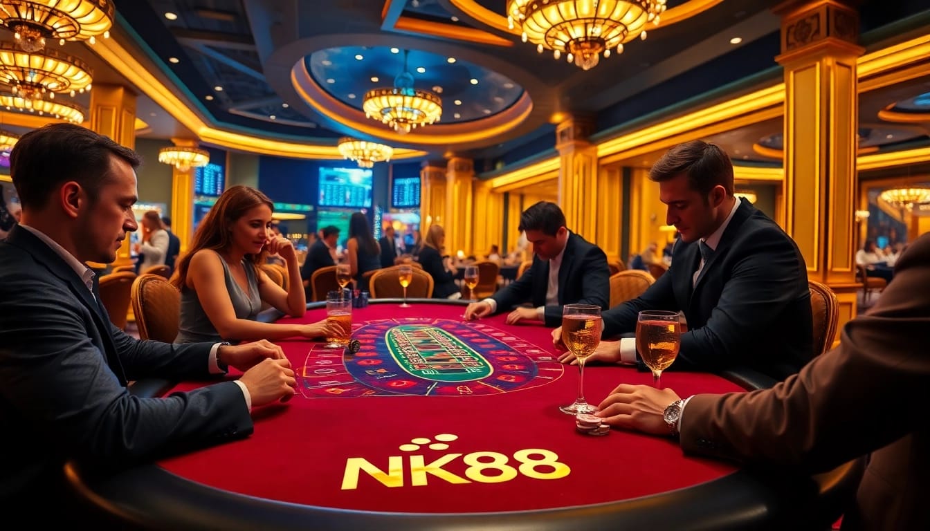 Experience thrilling gameplay at https://nk88vip.it.com/, featuring a luxurious casino scene with excited players engaged in blackjack.