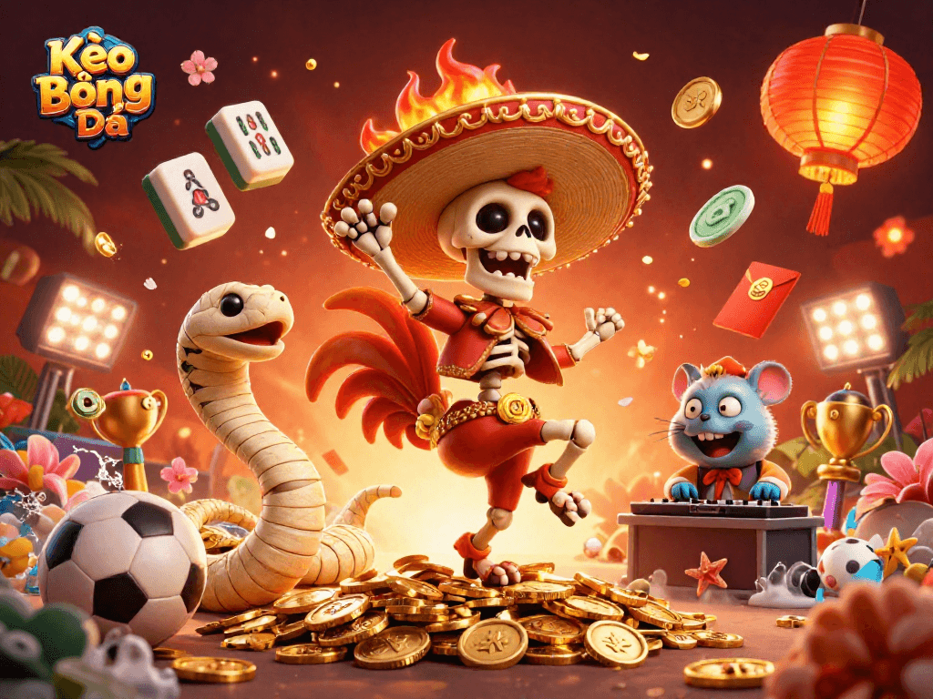 Kèo Bóng Đá sports betting action with a lively skeleton mariachi rooster amidst gold coins and vibrant game elements.