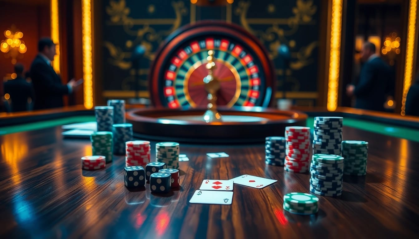 Players enjoying an exciting game experience at ok365 casino with poker chips and cards.