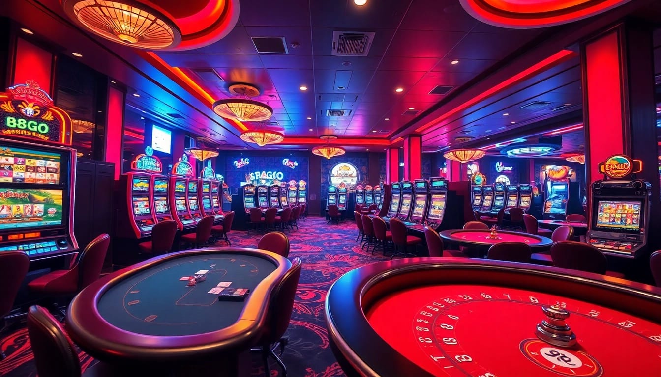 Experience the excitement at casino 88GO with vibrant gaming tables and slot machines.