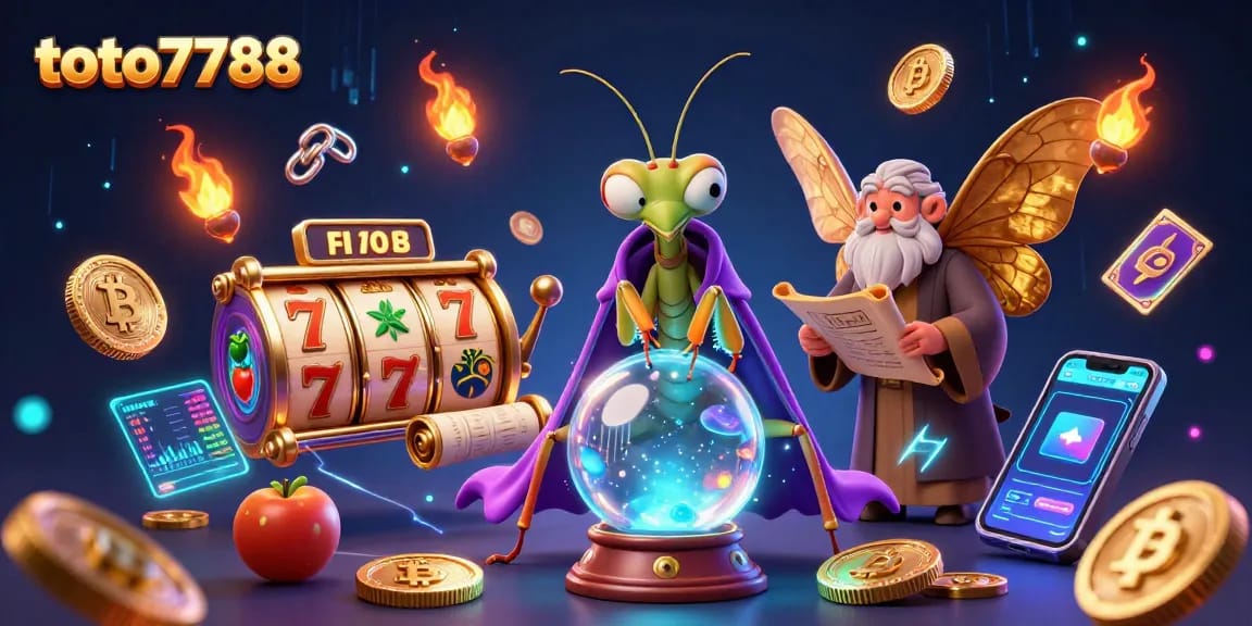 Engage in exciting slot action at toto7788 with vibrant illustrations showcasing jackpots and crypto elements.