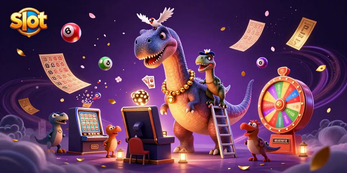 Experience thrilling slot action as a brontosaurus gazes from above, surrounded by vibrant gaming elements.