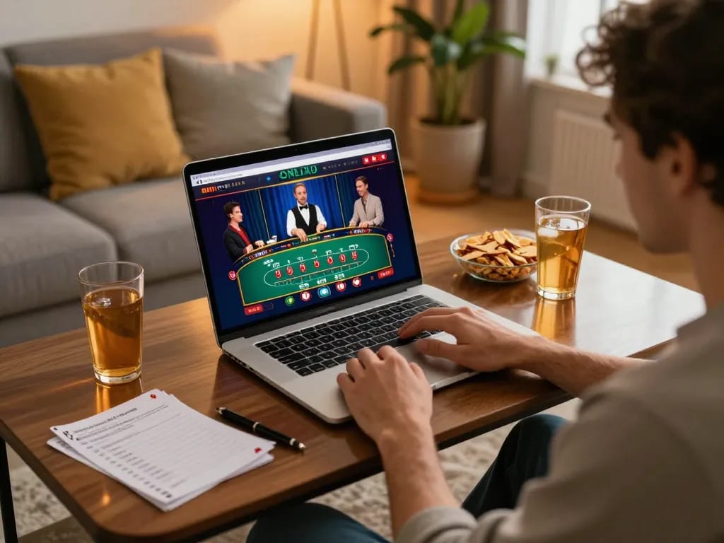 Player participating in online blackjack at home using debet casino interface, warm lighting, snacks around.
