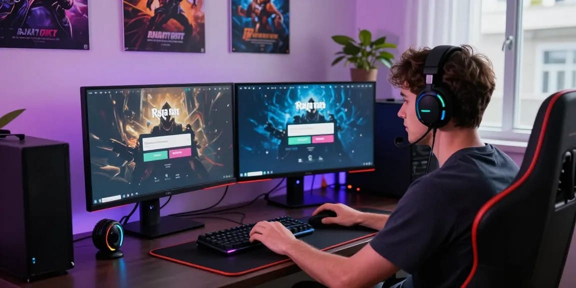 Raja Game login process on dual monitors in a dynamic gaming setup.