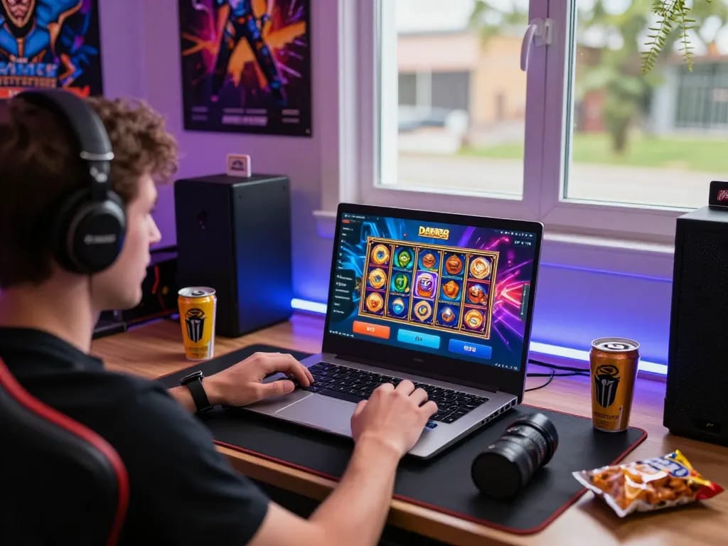 Player enjoying Dash88 online slots with colorful graphics and gaming setup.