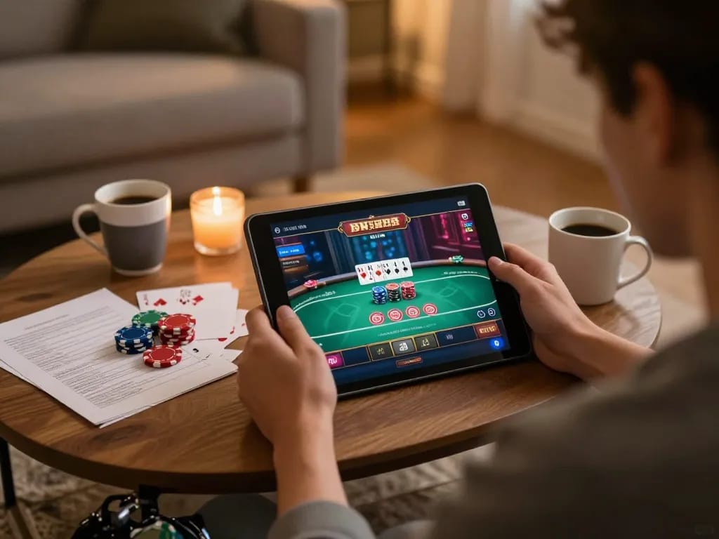 Player immersed in BK8 online casino poker game, blending strategy and relaxation in a cozy home setting
