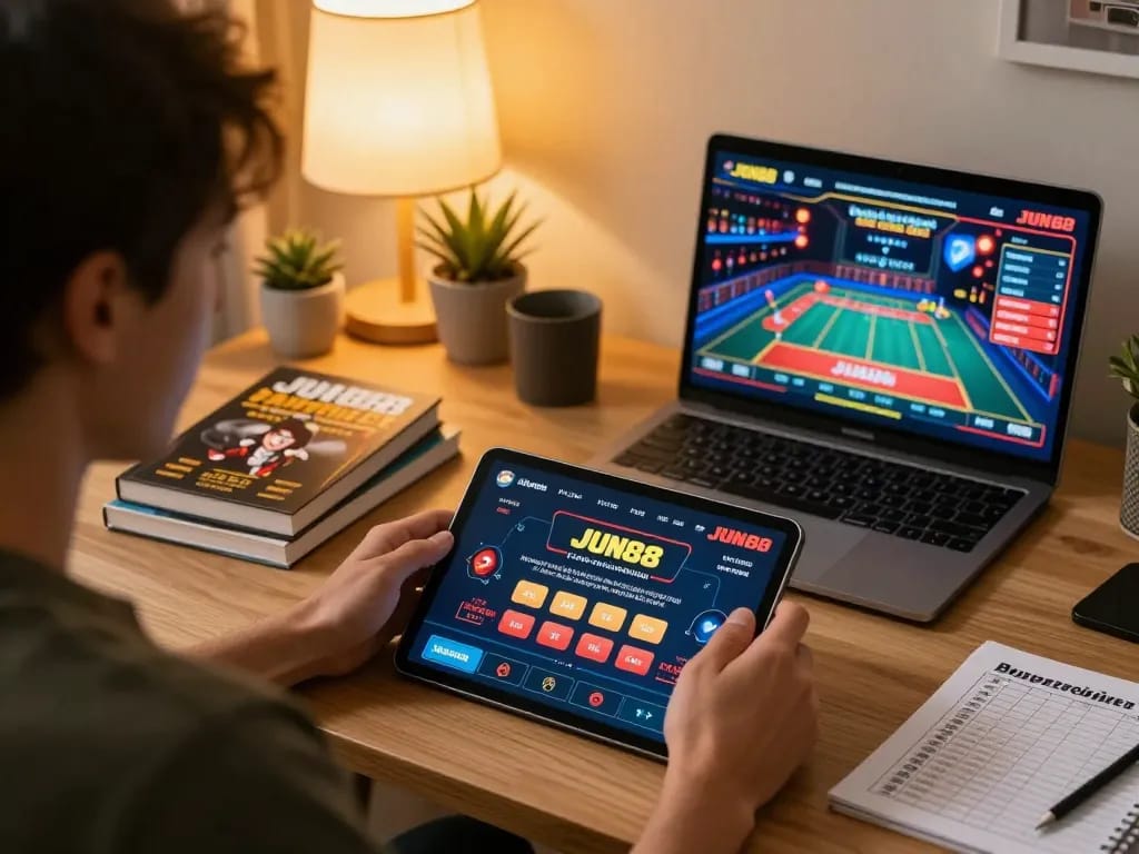 Engaging with JUN88 casino app on a tablet while practicing responsible gambling strategies