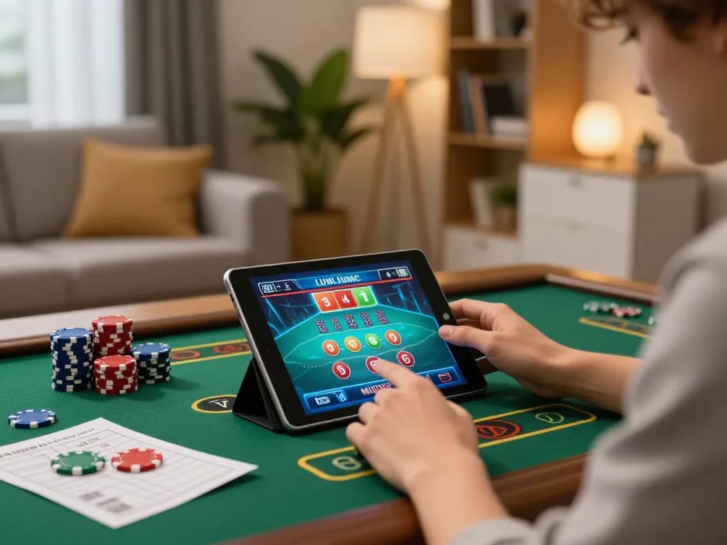 Engaging in responsible gambling at nhà cái uy tín Tg88 using a tablet in a cozy living room.