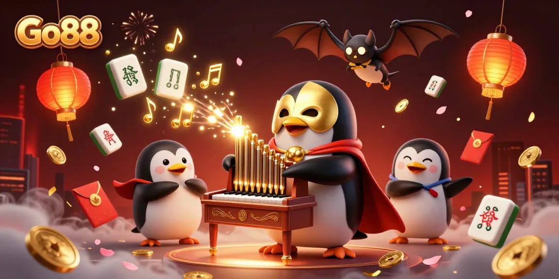 Experience thrilling gameplay on Go88 with a cartoon penguin playing a grand organ that shoots golden coins.