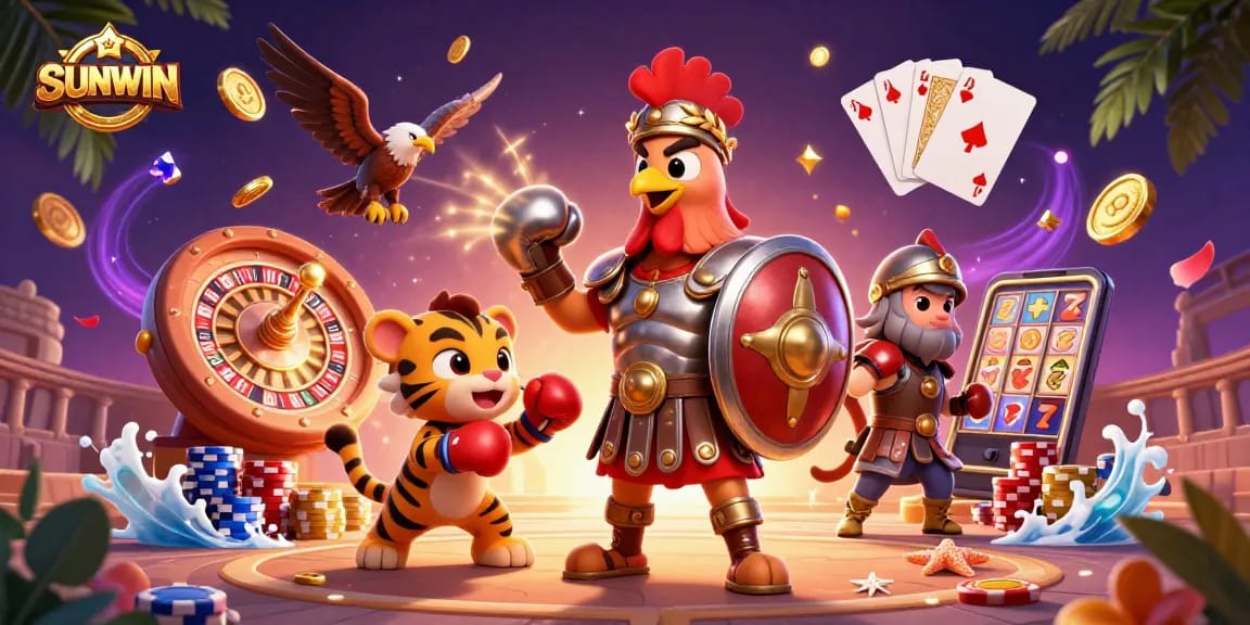 SUNWIN energizes players with a lively showdown of fortune, showcasing a 3D gladiator rooster amidst cascading coins.