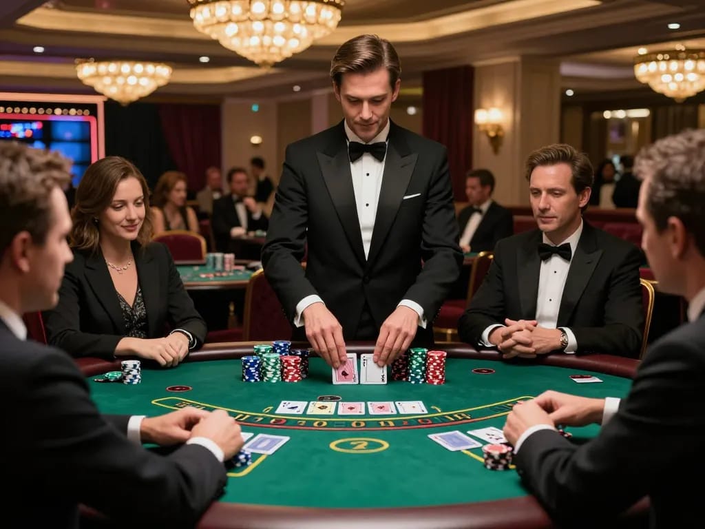 Players engage in intense blackjack action at a luxury casino table showcasing C177 strategy within dynamic gameplay.