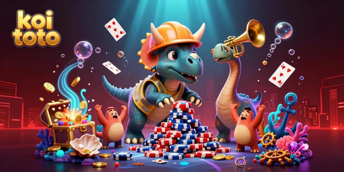 Koi toto celebrates wins with a lively scene showcasing a triceratops stacking poker chips amid festive underwater treasures.