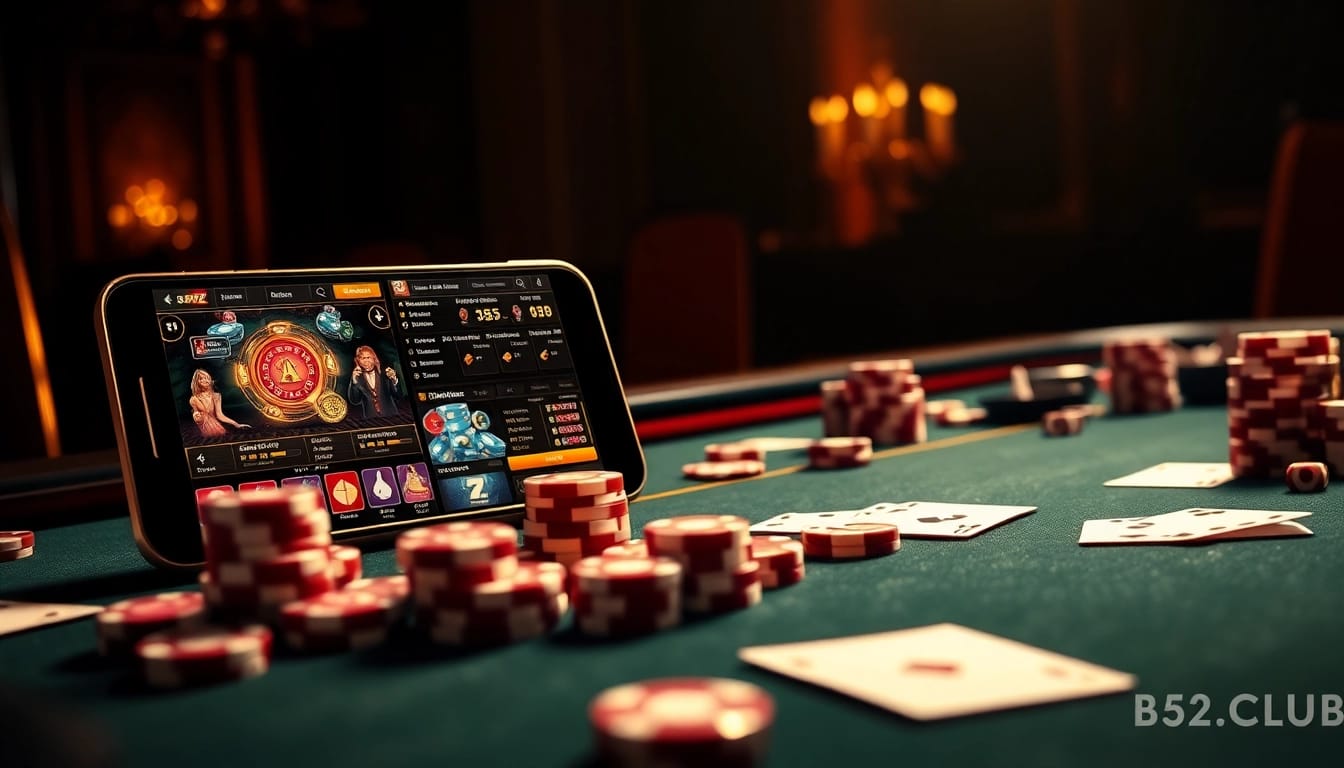 The B52 CLUB gaming experience, featuring chips, cards, and a sophisticated online interface.