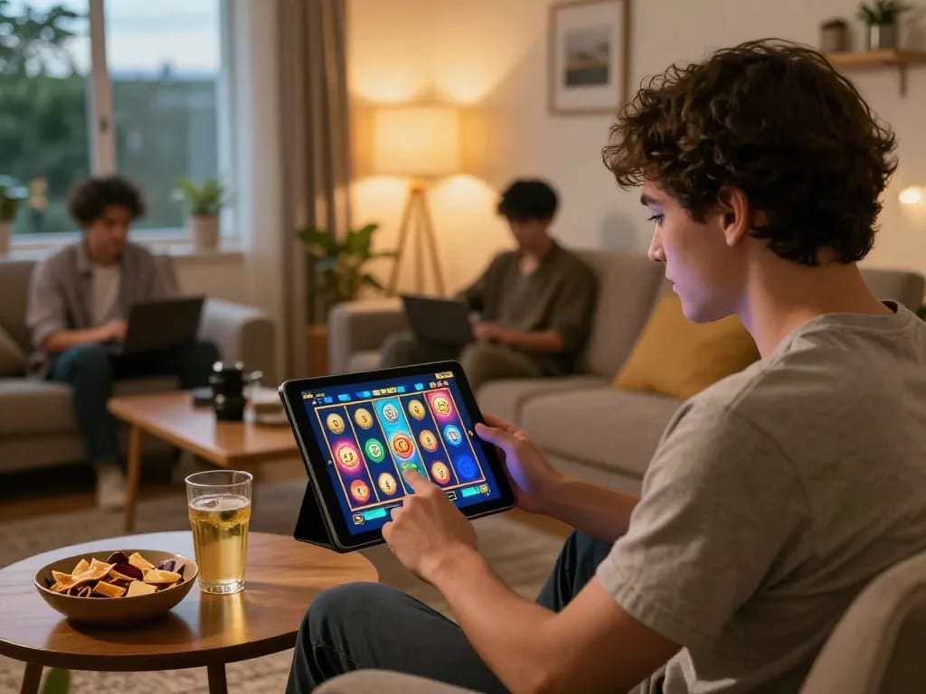 Player enjoying Luck8 slot game on tablet in cozy home setting with snacks and vibrant visuals.