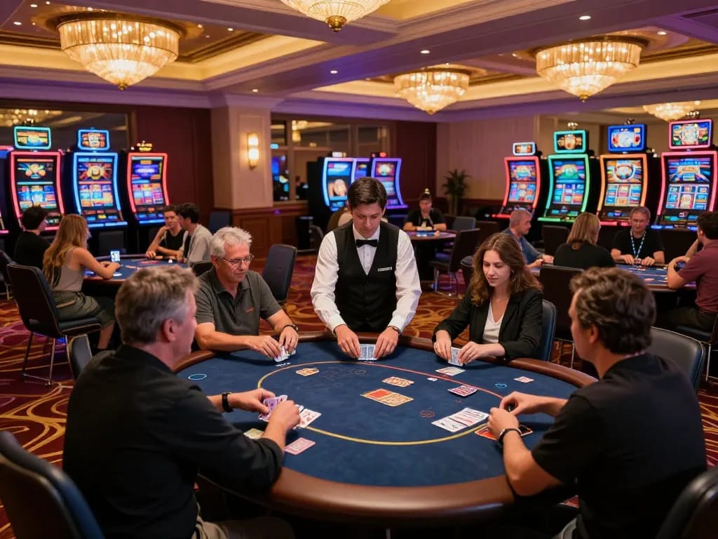 Players strategizing at LC88 casino poker tables with dealers shuffling cards amidst vibrant gaming atmosphere.