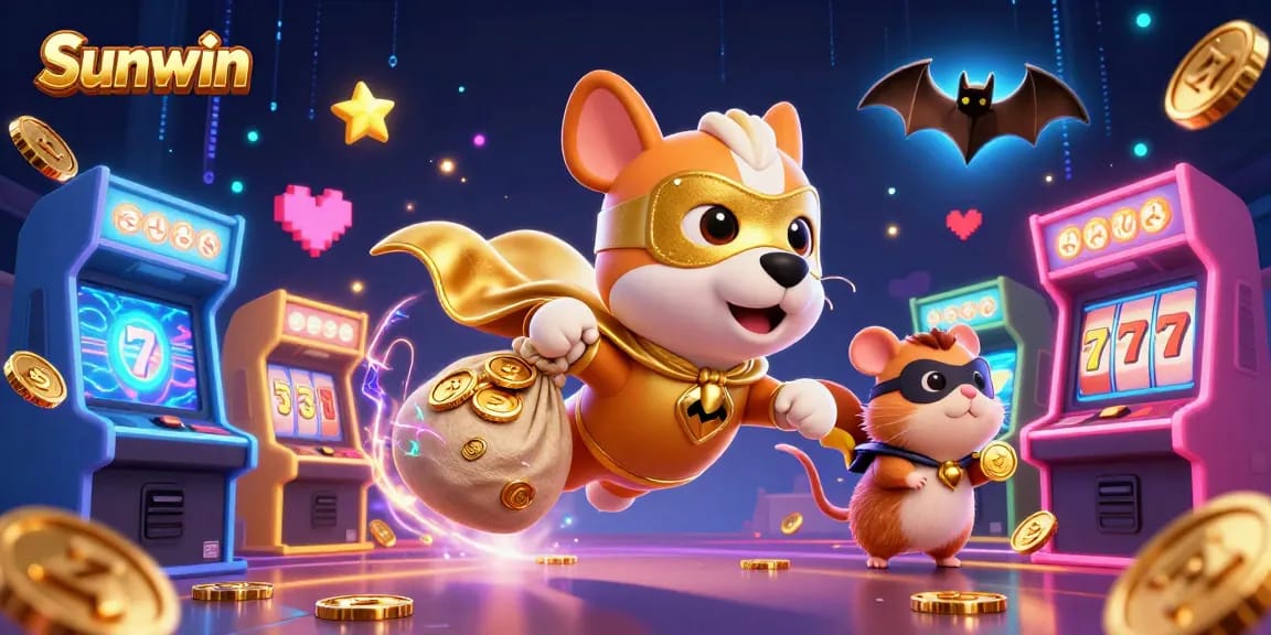 Experience the energetic casino adventure at Sunwin with a cartoon superhero dog and vibrant game elements.
