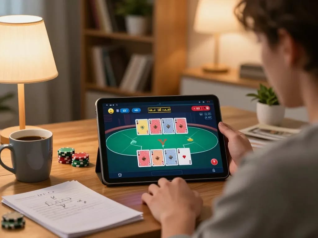 RR88 player enjoying online poker on a tablet, showcasing a cozy home gaming atmosphere.