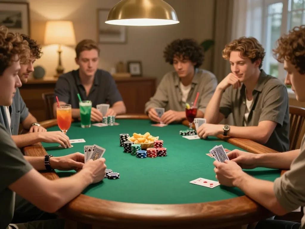 11win poker night atmosphere with friends enjoying card games and snacks at a cozy home table.