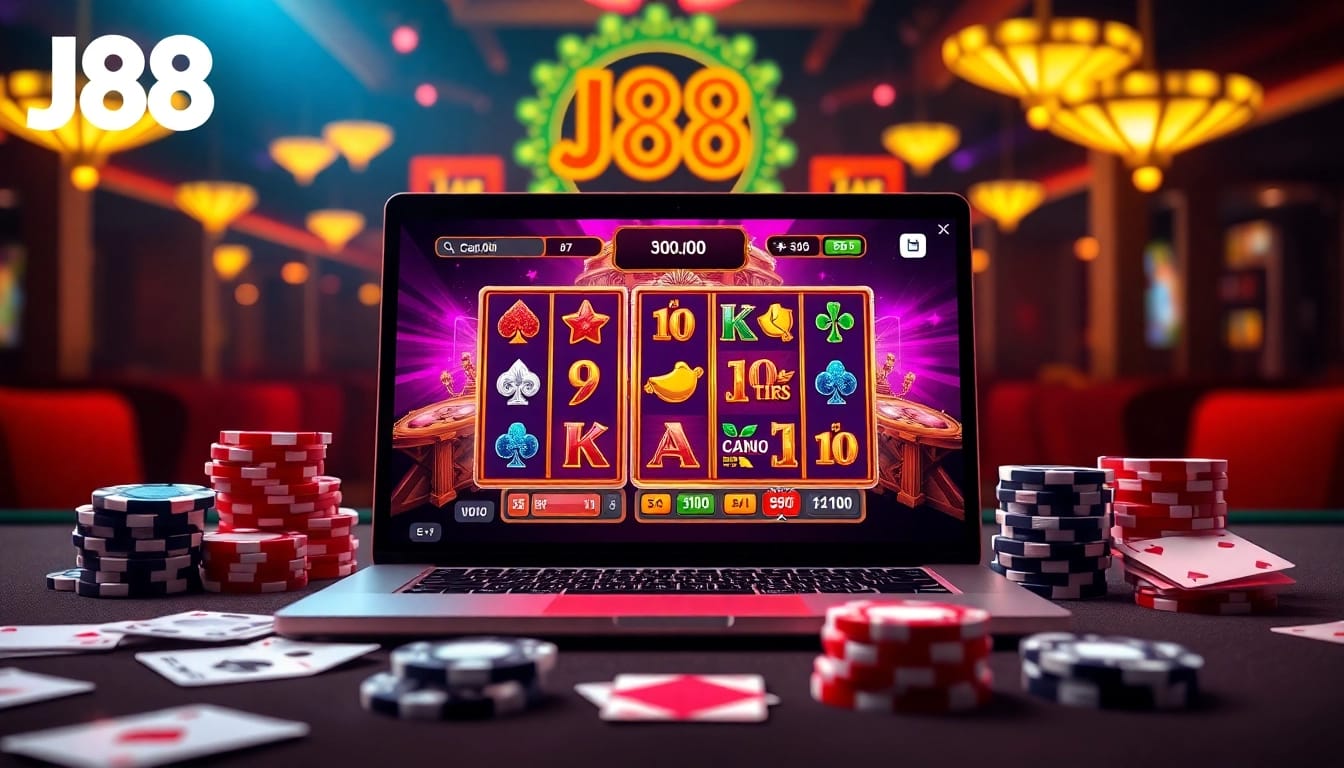 Engaging gamblers with the J88 online casino interface featuring chips, cards, and vibrant graphics.